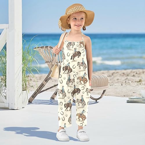 Toddler Girls' Sleeveless Jumpsuits Cowboy Riding Horse Pattern Casual Summer Rompers with Pockets for 1-6T(Cowboy Riding Horse Pattern,3T)