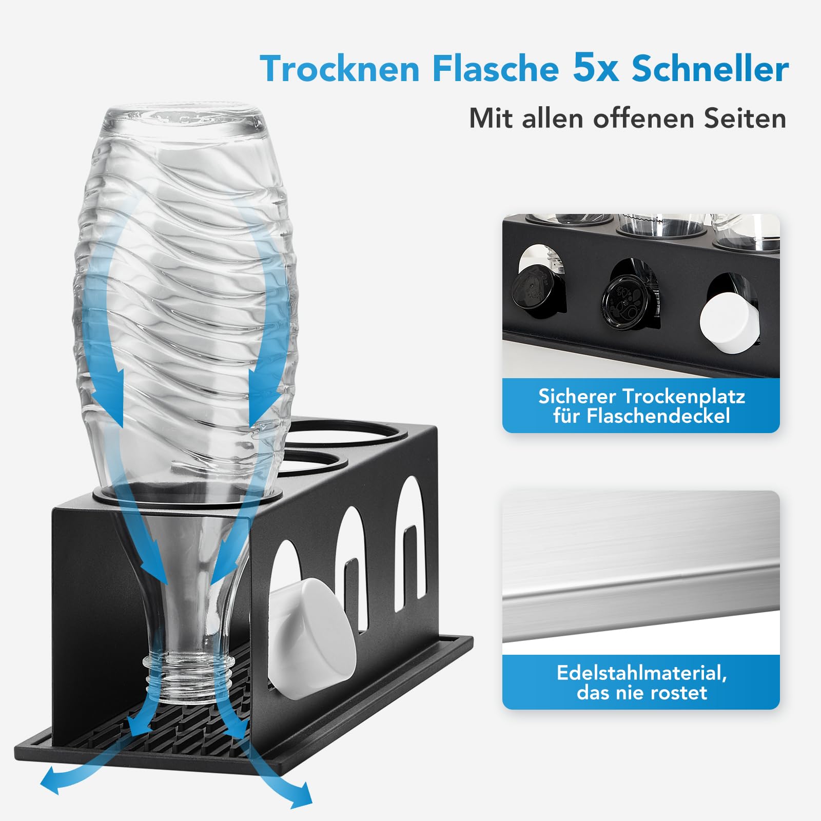 ACTIV Cuisine Flaschenhalter für Sodastream Duo Crystal Flaschen, 3er Edelstahl Abtropfhalter Abtropfgestell platzsparend, Breite 11cm, mit Abtropfmatte, Deckelhalter, Flaschenbürste, Schwarz