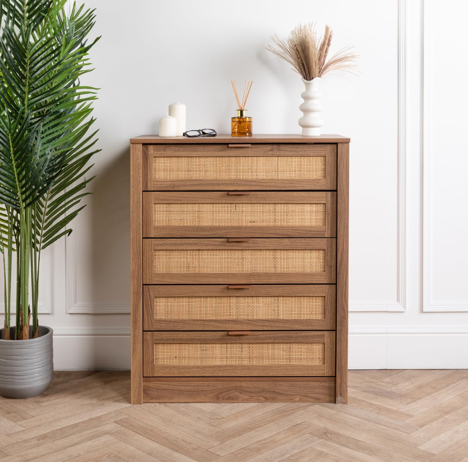 Home Treats Rattan Storage Chest of 5 Drawers, Wooden Organiser for Bedroom, Living Room, Office Furniture
