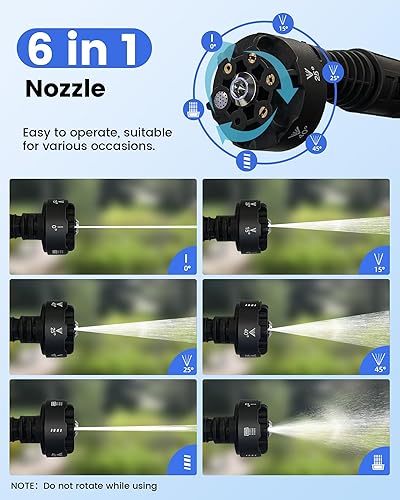 Miniatura 6 de Lavadora a presión inalámbrica de 1080 PSI con 2 baterías de 3.0 Ah, lavadora eléctrica portátil con boquilla 6 en 1, cañón de espuma, manguera,