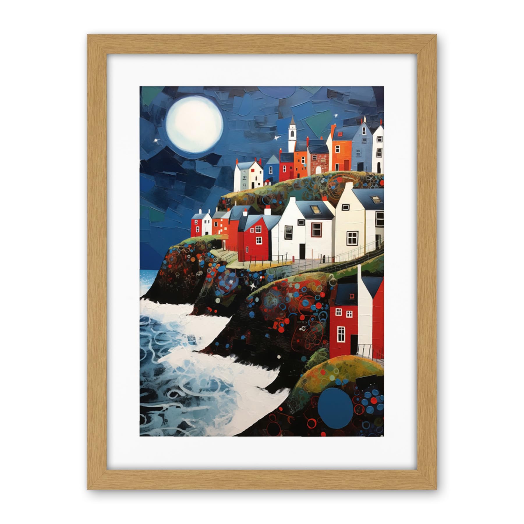 Artery8 Seaside Village Houses on Cliff Folk Art Oil Painting Bathroom Artwork Full Moon Night Waves Coastal Landscape Artwork Framed Wall Art Print 18X24 Inch