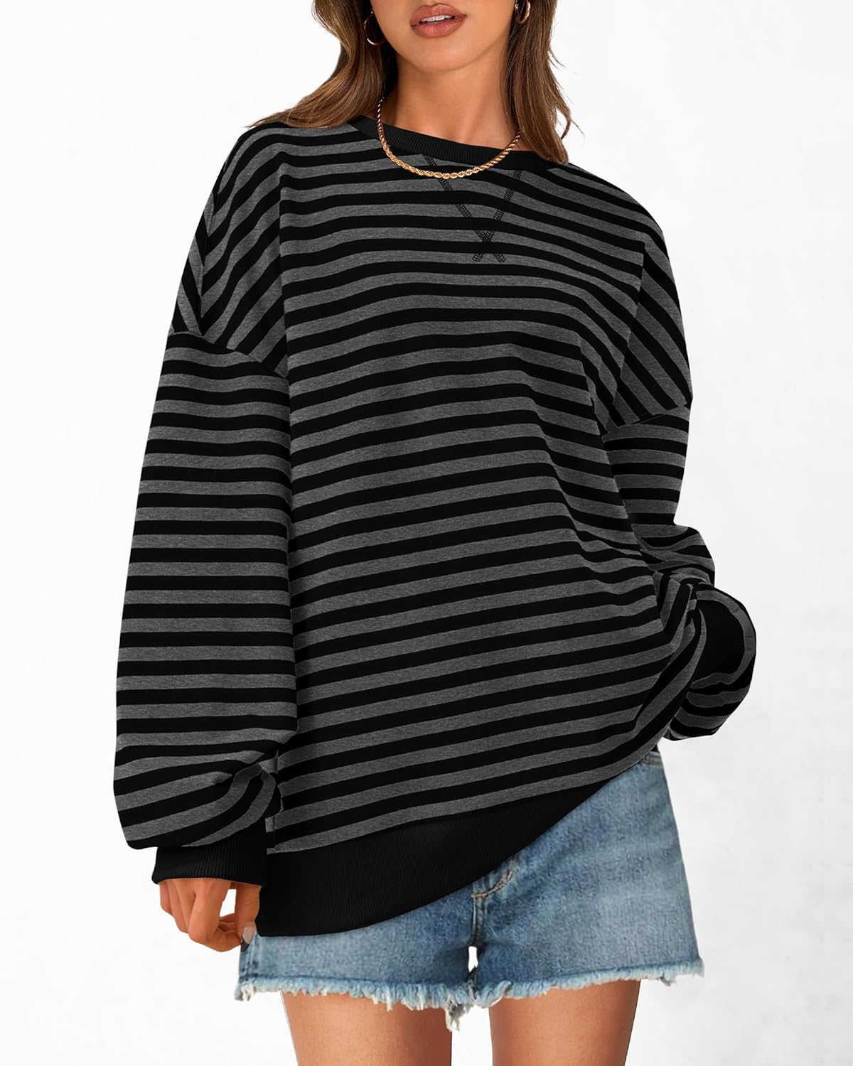 BTFBM Womens Oversized Striped Sweatshirt 2026 Spring Crewneck Long Sleeve Pullover Top Casual Y2K Clothes Workout Shirt - Image 3