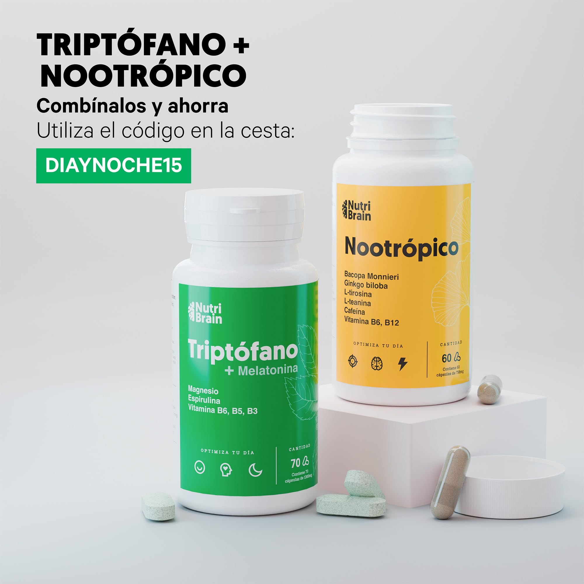 Pack Nootrópico Natural + Triptófano con Melatonina (60 + 70 cápsulas) - Energía y Descanso - Sueño Profundo y Energía para el día a día - Aumenta la Concentración y Agilidad Mental