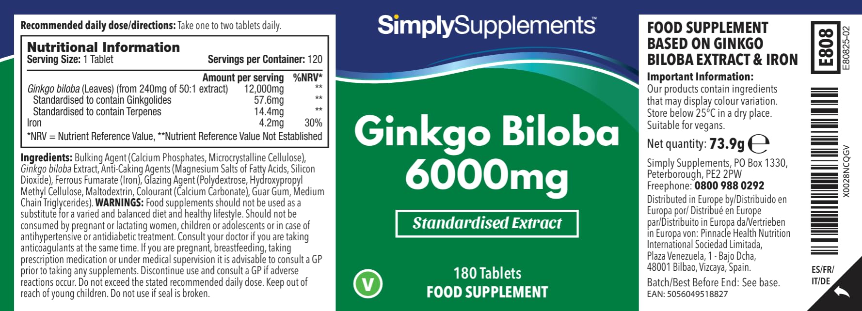 Ginkgo Biloba 6000 mg - 360 Compresse - Adatto ai Vegani – 6 mesi di scorta –SimplySupplements