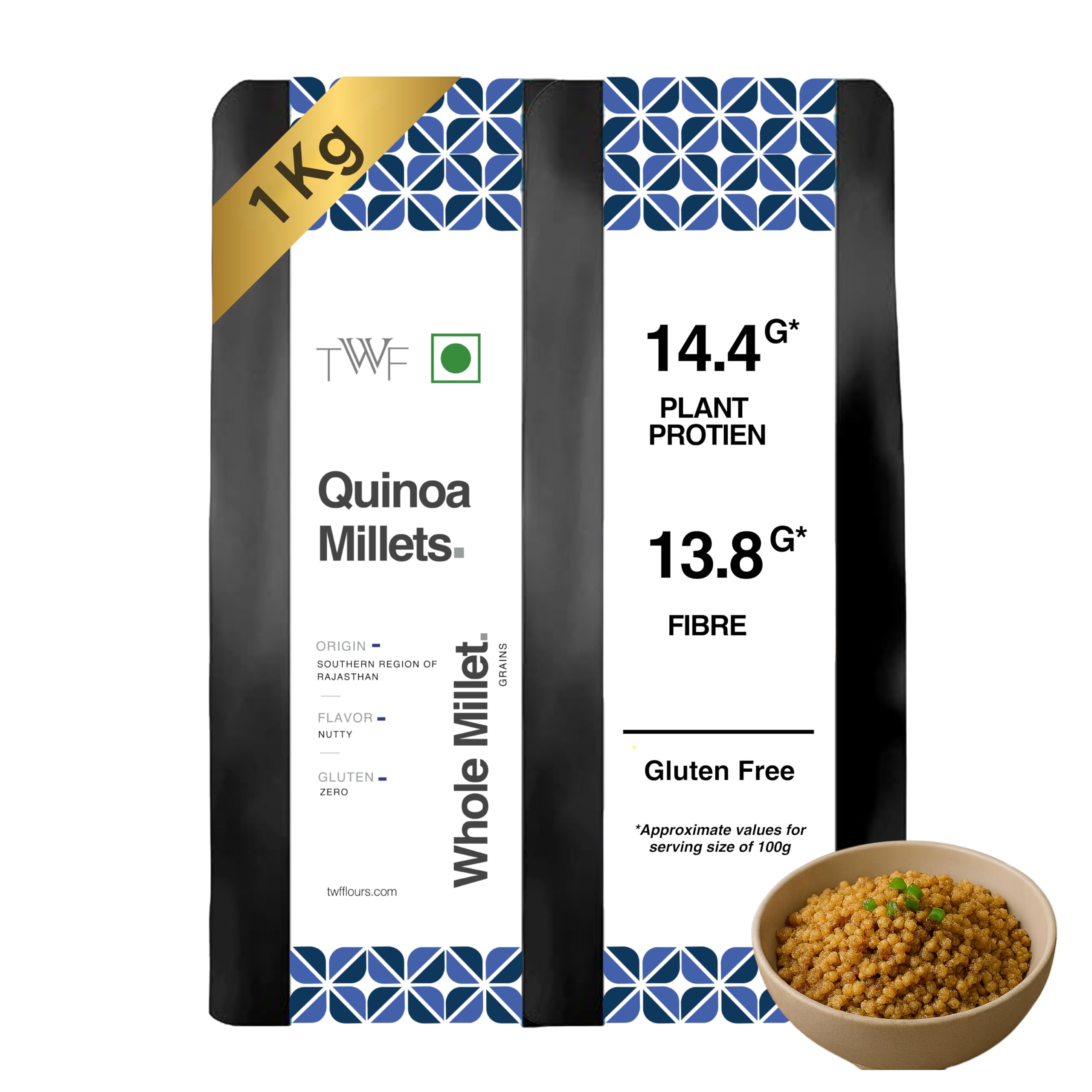 TWF Unpolished Quinoa Millets | 1kg pack | Quinao Grains | Hulled | Unpolished & Saponin-Free | Breakfast | Naturally Gluten-Free | Diet Food for Weight Loss | High in Protein & Fiber | 100% Wholegrain Superfood for Weight Management & Healthy Lifestyle.