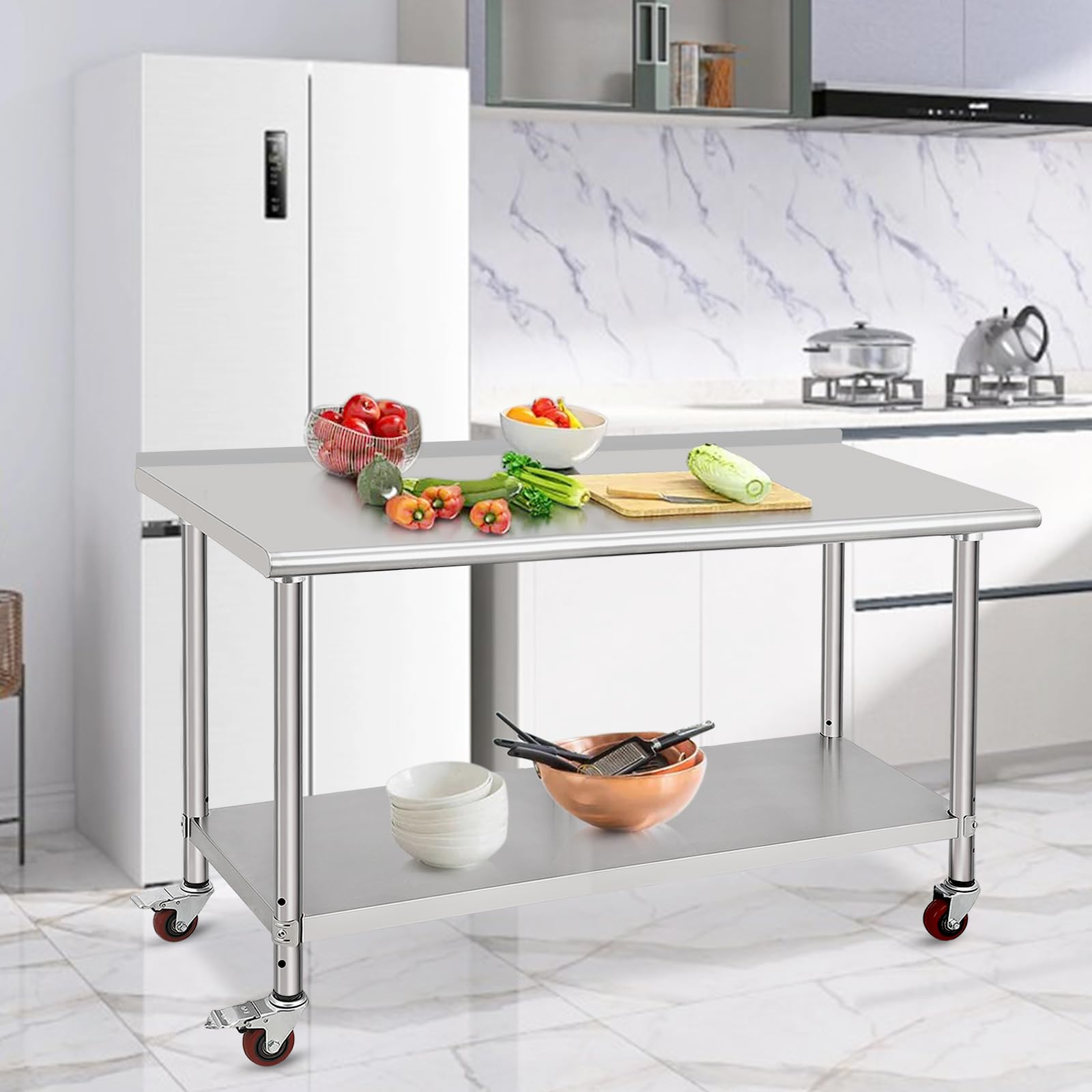 Edelstahl Arbeitstisch Küchenarbeitstisch Edelstahltisch mit Überhängregalen, Gewerblicher Arbeitstisch mit Vereinstellbaren Ablage, Metall Küchenvorbereitungstisch (152x60x89 cm)