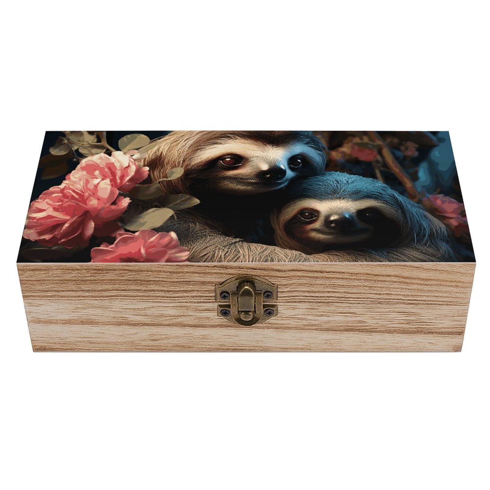 Wooden Storage Box A Sloth And A Baby Sloth Wood Gift Box with Hinged Lid Vintage Decorative Jewelry Boxes Memory Box for Jewelry Art Hobbies Home Storage Treasure Keepsake Gift 7.9''x3.9''x2.3''