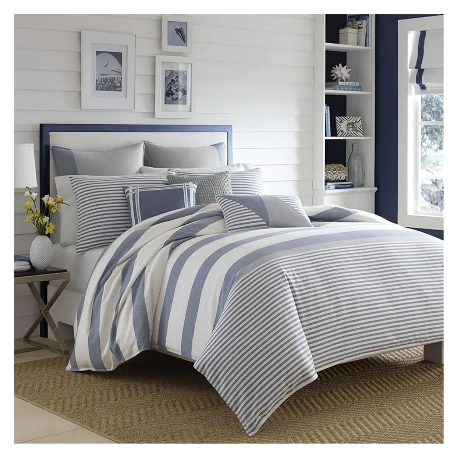 Housse de Couette Queen en Coton, Parure de Lit Réversible avec Taies d'Inspiration Méditerranéenne