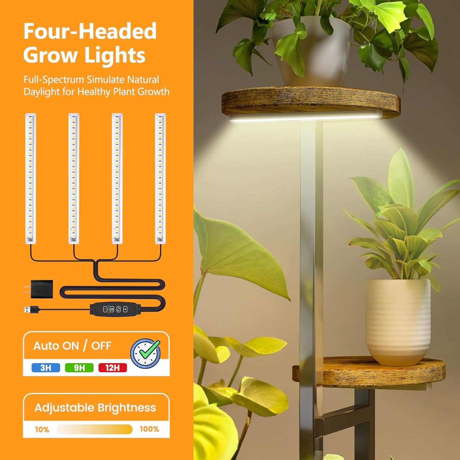 62" Plant Stand with 4 Full Spectrum Grow Lights, 7-Tiered Multifunctional Wheel Plant Shelf Display Rack Holder for Indoor Plants,Mobility Metal Plant Flower Holder with Waterproof Circle Tray