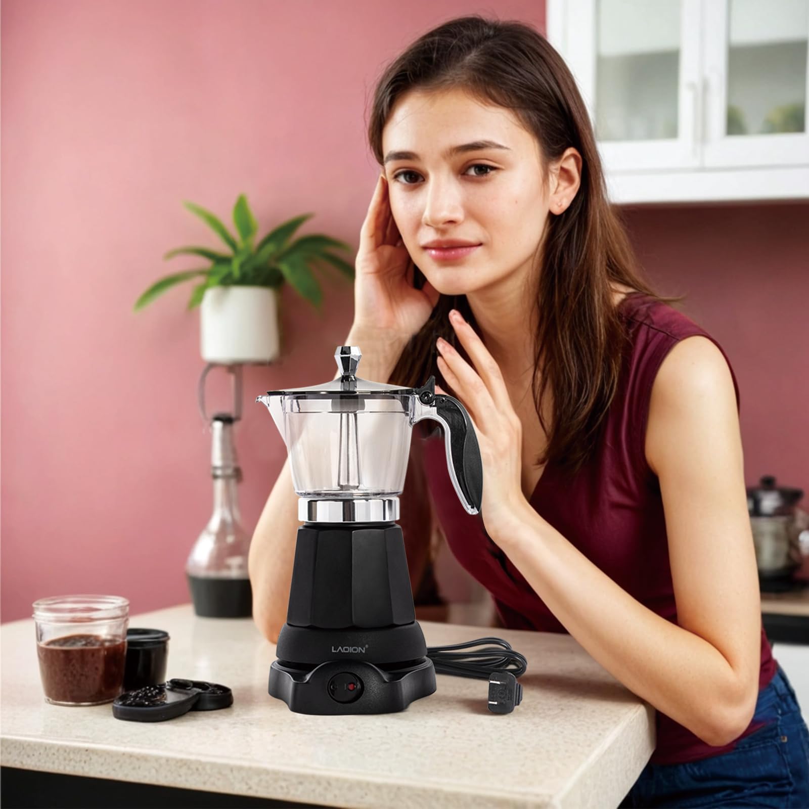 LAOION Espressokocher Elektrisch, 6 oder 3 Tassen Elektrisch Tragbarer Mokka Kocher, 300ml Italienische Esspresso Kaffeemaschine Klein mit Abnehmbarer Basis und Überhitzungsschutz,Schwarz Coffee Maker