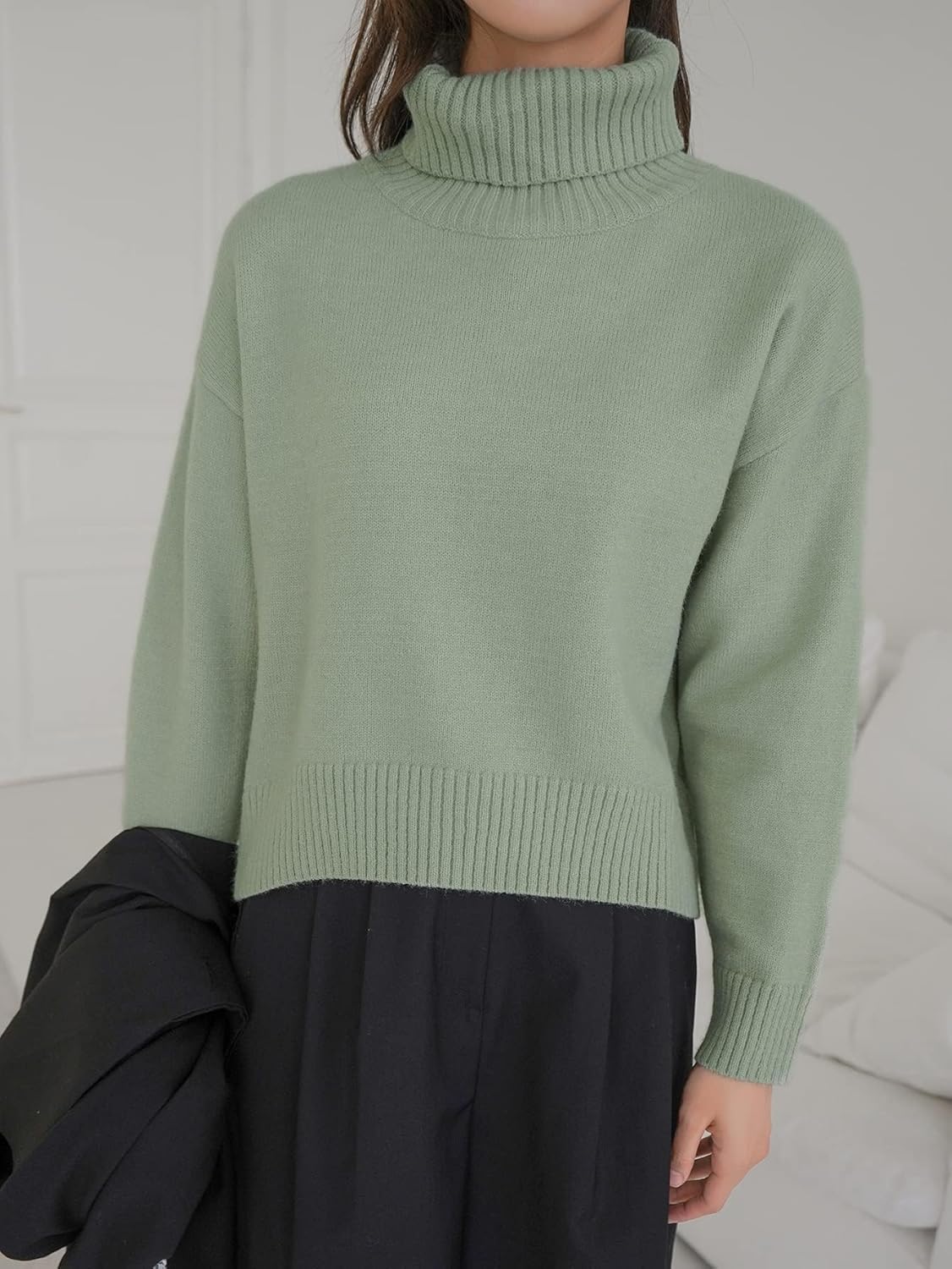 Women's Sweater Solid Turtleneck Drop Shoulder Sweater Sweater for Women (Color : Green, Size : Medium)