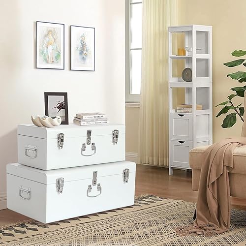 Miniatura 111 de Vixdonos Juego de 2 baúles decorativos de almacenamiento de caja de metal con asa (blanco con cierres de bronce) Blanco con cierres de bronce,Beige