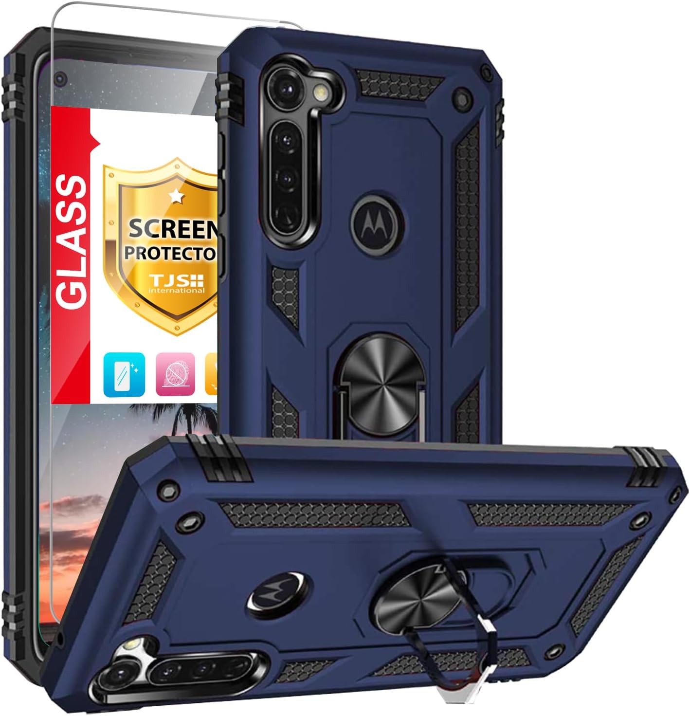 TJS Phone Case Compatible with Motorola Moto G Stylus 2020, with [Tempered Glass Screen Protector][Impact Resistant][Metal Ring][Magnetic Support] Protector Cover (Blue)