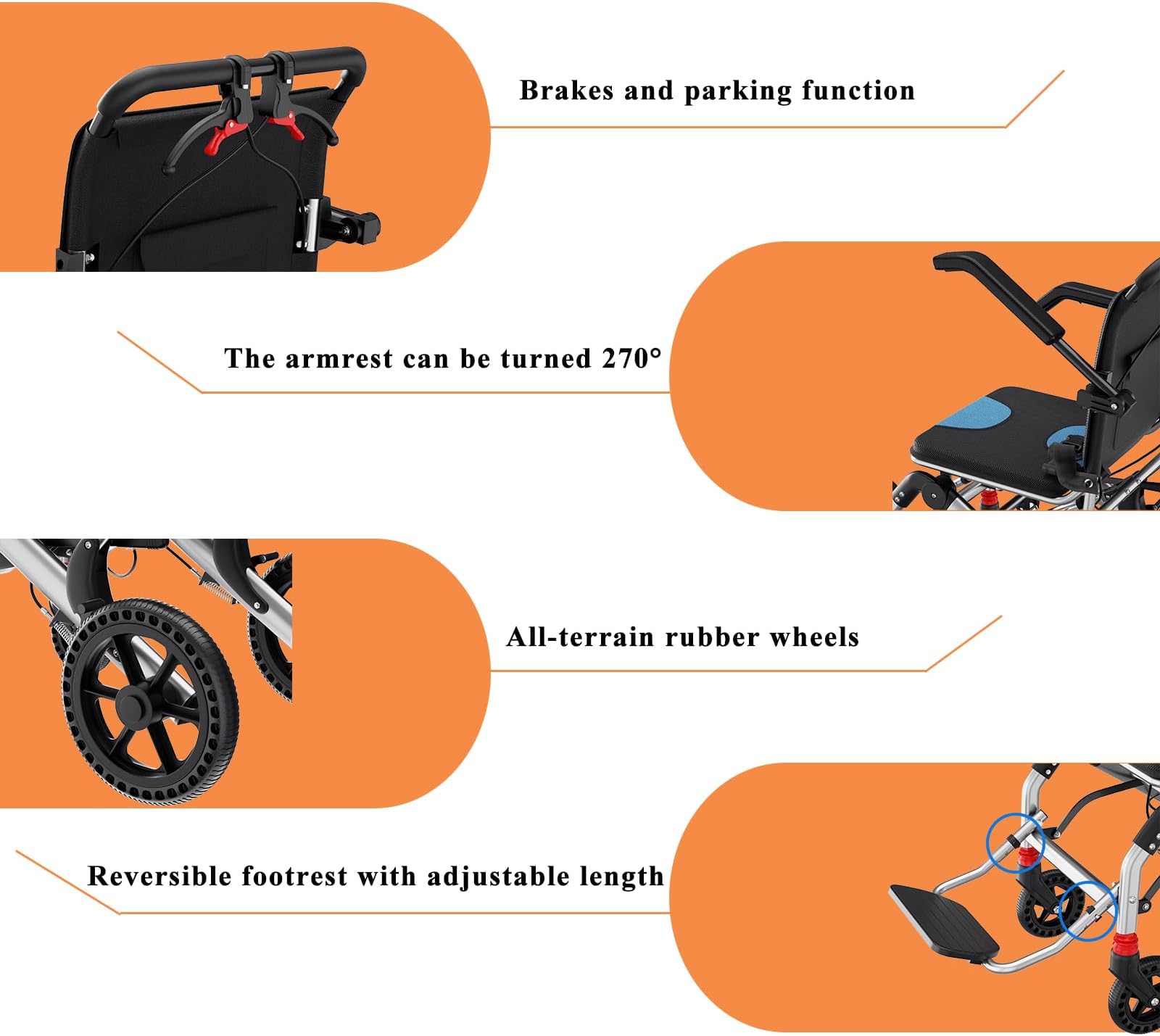 Lightweight Wheelchairs Transport Chair Lightweight Foldable with Telescopic Handle, Portable Folding Travel Transfer Wheel Chairs with Hand Brake for Seniors & Adults