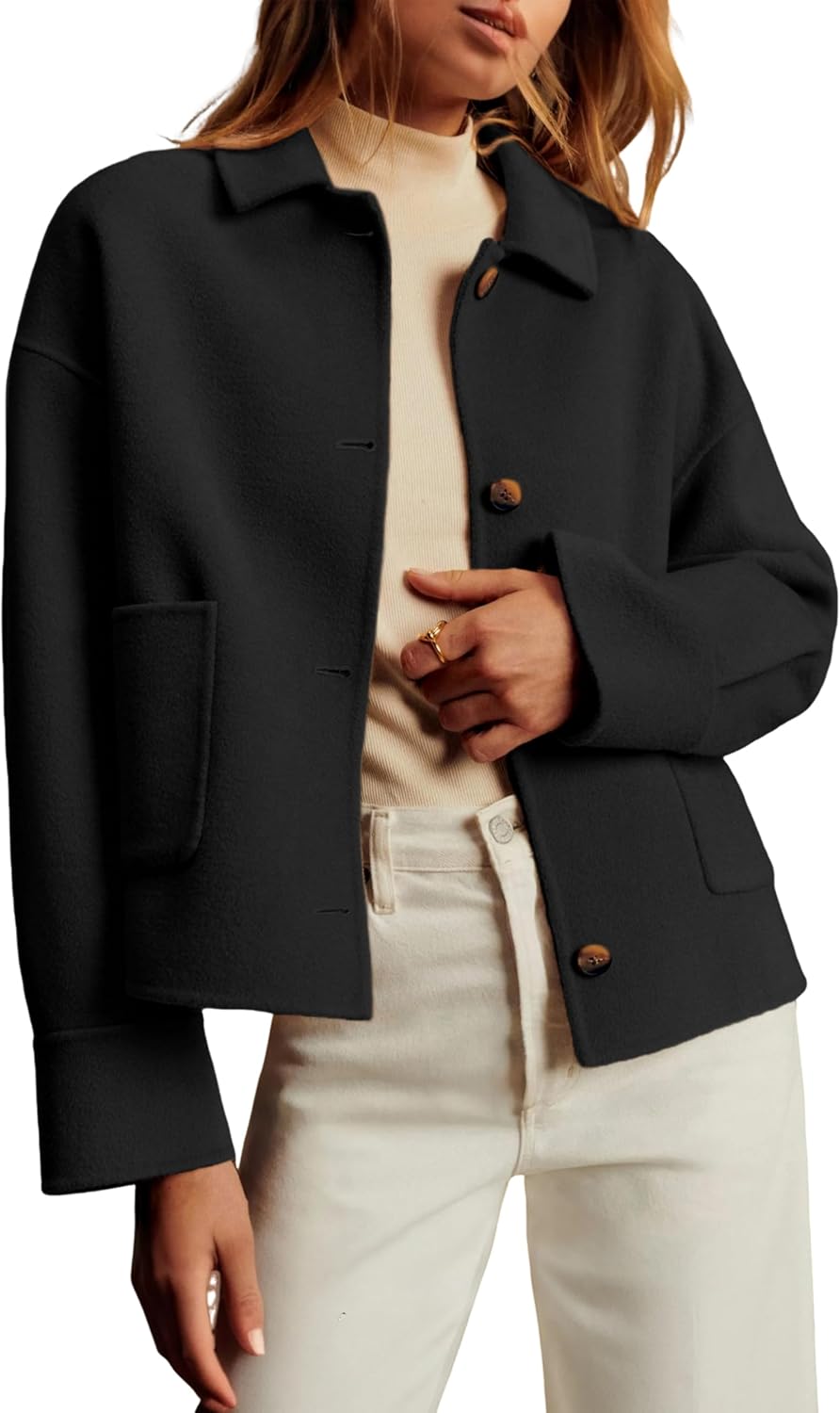 Dqbeng Women Cropped Pea Coat Boxy Fit Casual Short Jacket Outerwear with Pockets