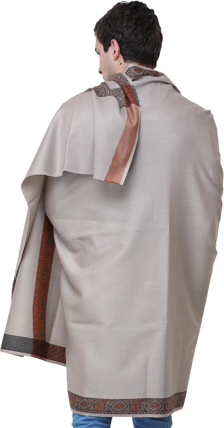 Exotic India Plain Men's Shawl with Brown Woven Border - Pure Wool