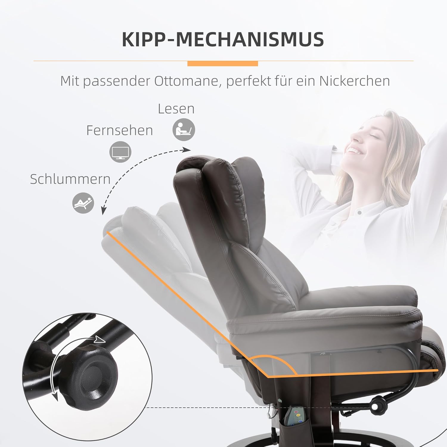 Diagram showing 10 powerful vibration motors in the massage recliner, with massage zones highlighted for neck, back, lumbar, thighs, and legs, along with the remote control.