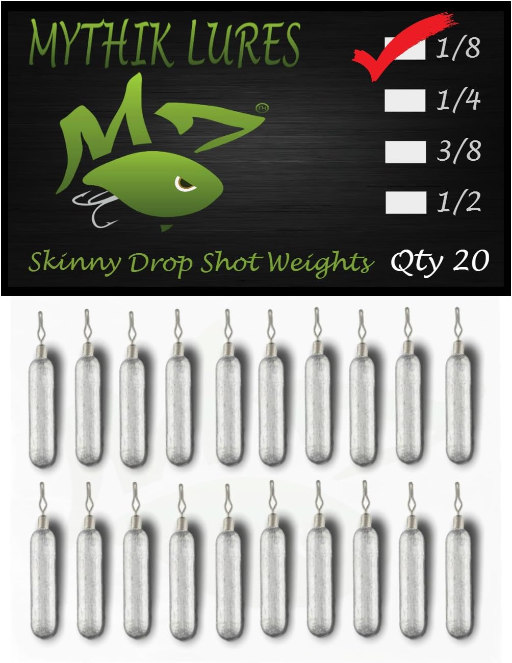 20 Pack - Skinny Lead Drop Shot Fishing Weights Sinkers Multiple Sizes 1/8 1/4 3/8 1/2 3/4 1 for Bass Trout Crappie Catfish