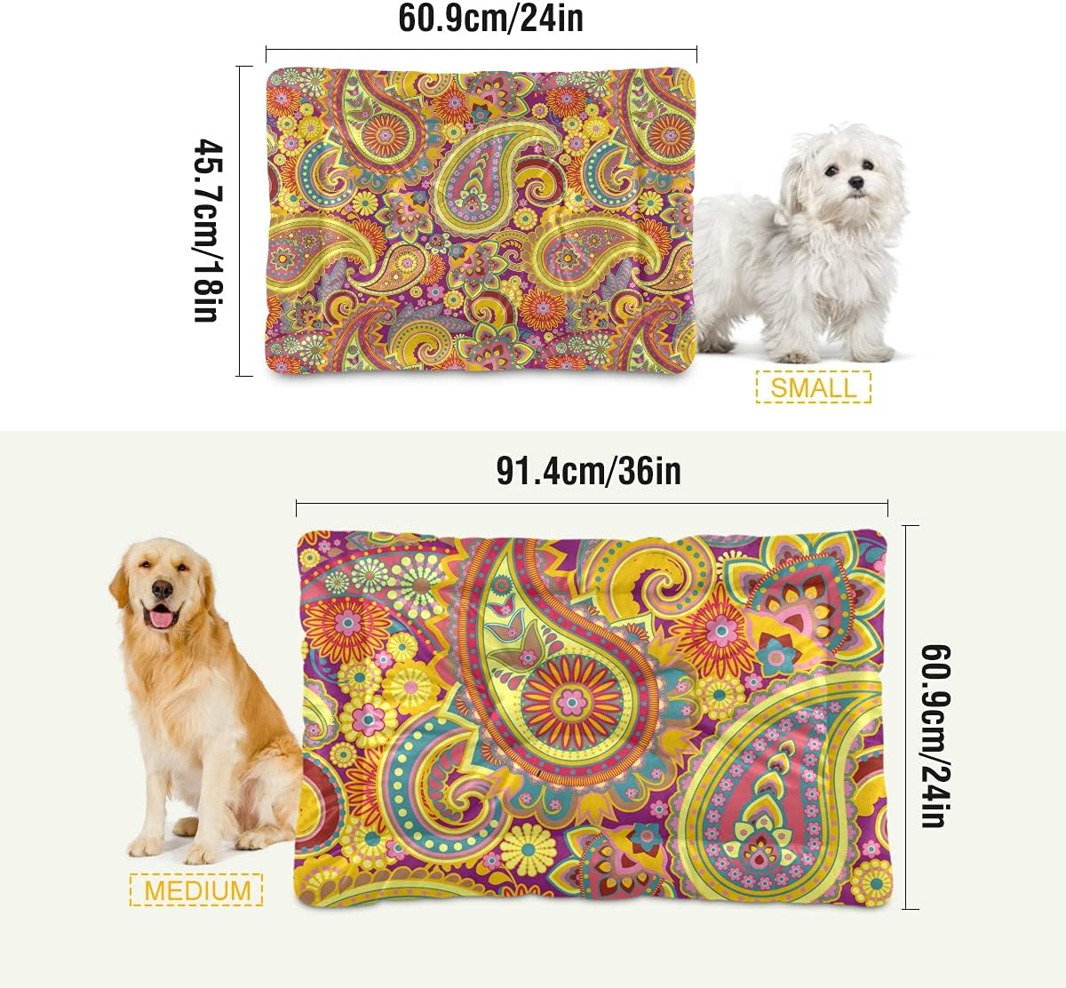 review Yellow Purple Traditional Asian Paisley Floral Flowers Dog Cat Bed Mat Soft Crate Pad Mattress Cushion for Small Medium Pets, Anti Slip Sleeping Kennel Mat Washable & Dry 36x24 inch
