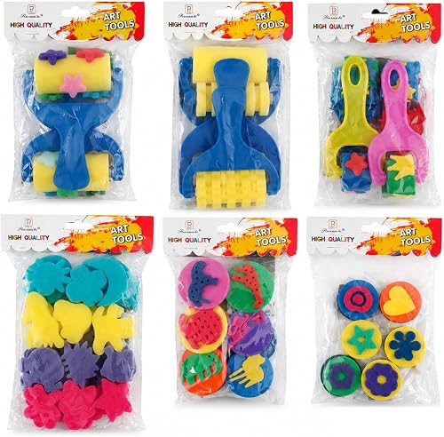 44PCS Kids Sponge Painting Set, Art & Craft Painting Tools Kit with Rollers, Stamps & Brushes