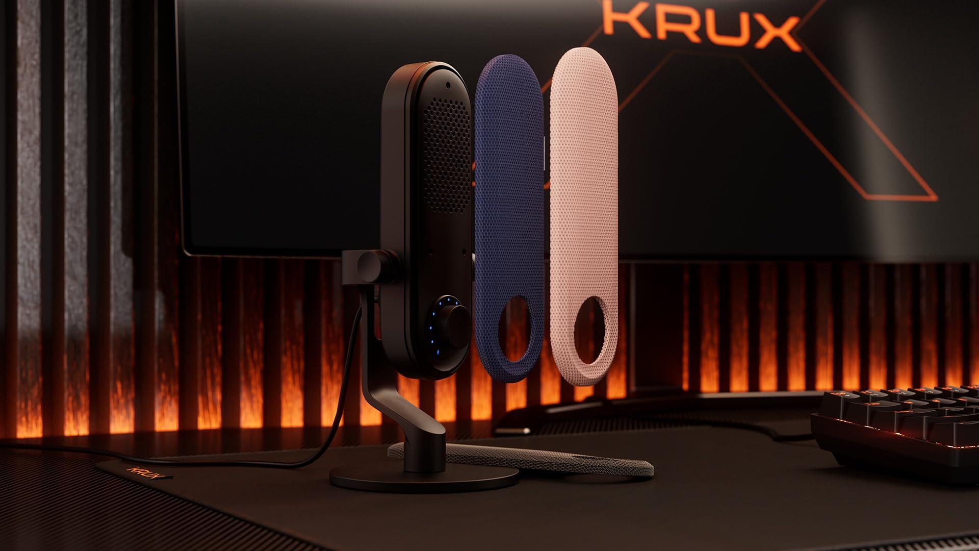 KRUX PIN – Mikrofon USB-C z wyciszaniem dotykowym, pokrętłem GAIN, odsłuchem 3.5 mm, kardioida, 24 bit/96 kHz, regulowany kąt, wymienne panele – PC, Mac, PS4/PS5