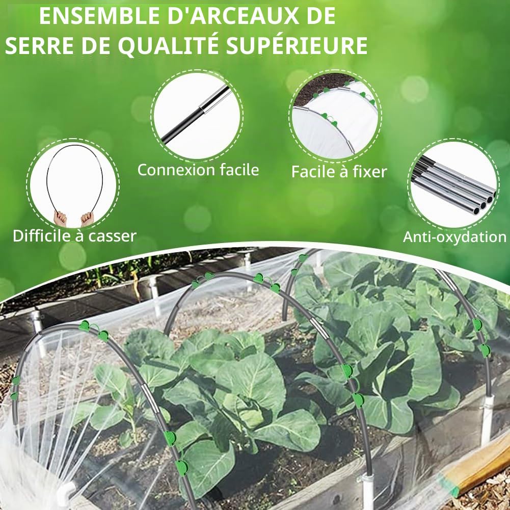 30Pcs Arceau pour Serre Tunnel, Arceaux de Jardin, avec 20 Clips, Tubes de Connexion, Piquets de Sol, Gant et Filet 10m, Arceaux de Support Amovibles en Fibre de Verre pour Plantes d'Extérieur