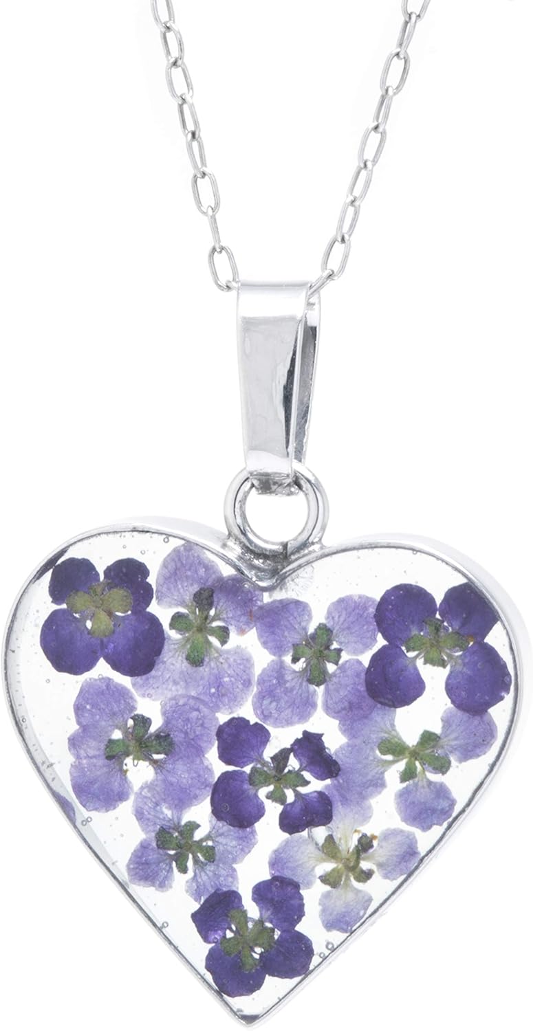 Amazon Essentials Sterling Silver Pressed Flower Heart Pendant Necklace
