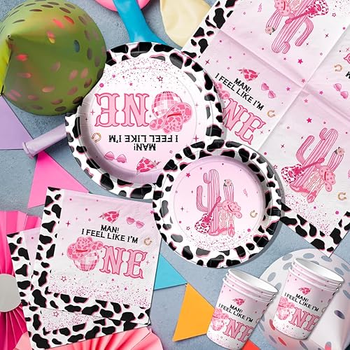 Miniatura 4 de Decoración de fiesta de cumpleaños de vaquera occidental, 142 piezas de vajilla rosa de vaquera disco incluye platos de hombre, siento que soy uno,