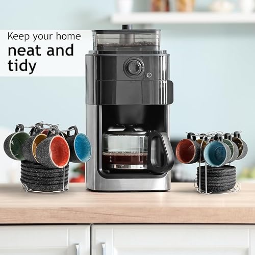 Miniatura 7 de MIAMIO Tazas de café apilables de cerámica de 2.7 onzas con platillos y soporte de metal, juego de 6 tazas de espresso, tazas Demitasse, tazas de