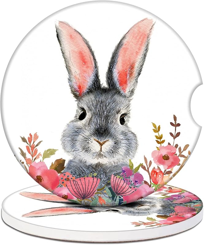Porta-Copos para Carro em Cerâmica Absorvente Easter Rabbit Flower KEATOU, Redondo, Kit com 2 unidades