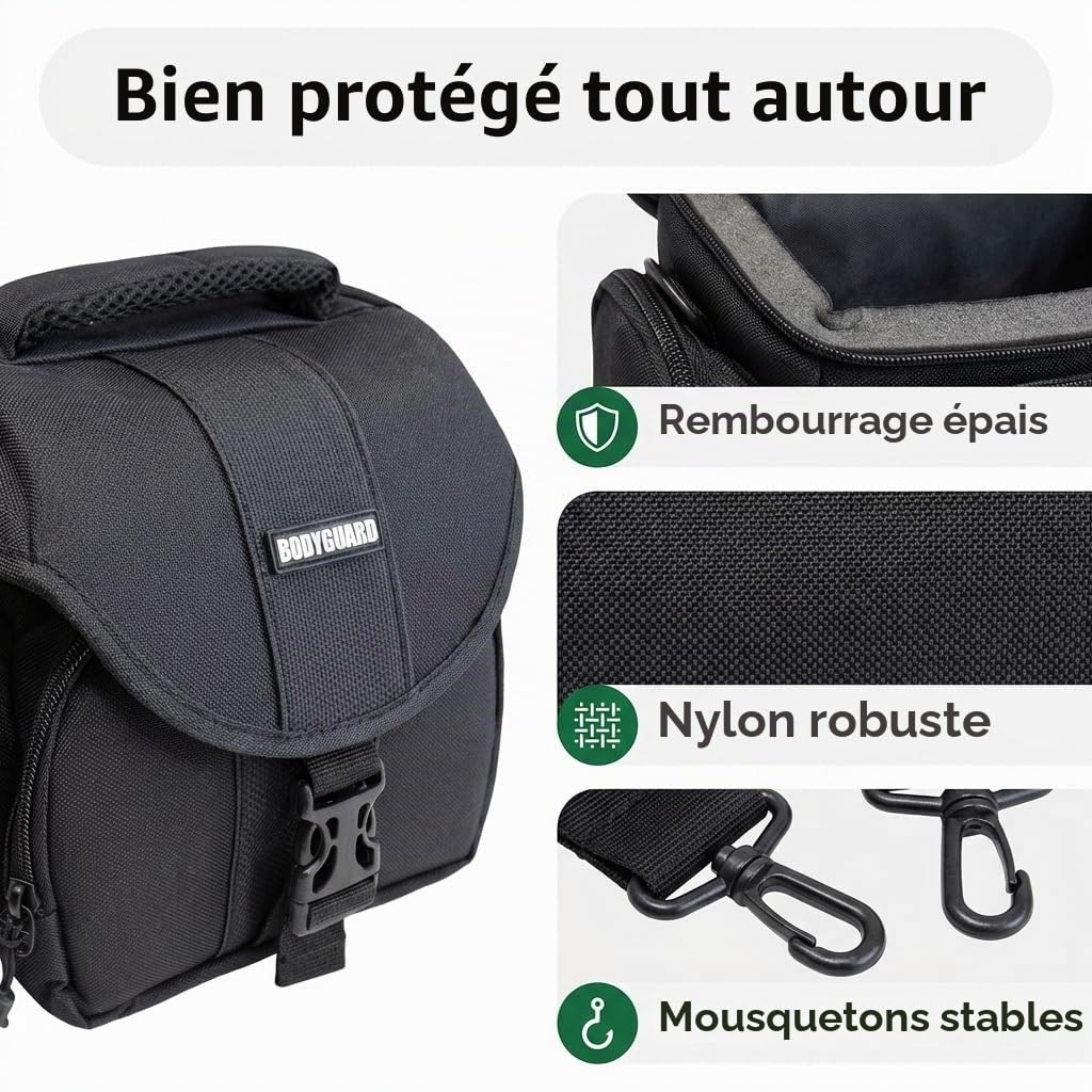 Bodyguard Sac de Haute qualité pour Appareil Photo Bridge et appareils Photo système adaptées pour Canon EOS M50 Panasonic DMC-FZ300 DMC- FZ1000 Sony DSC-HX400V DSC-HX60 Nikon coolpix B700 L840