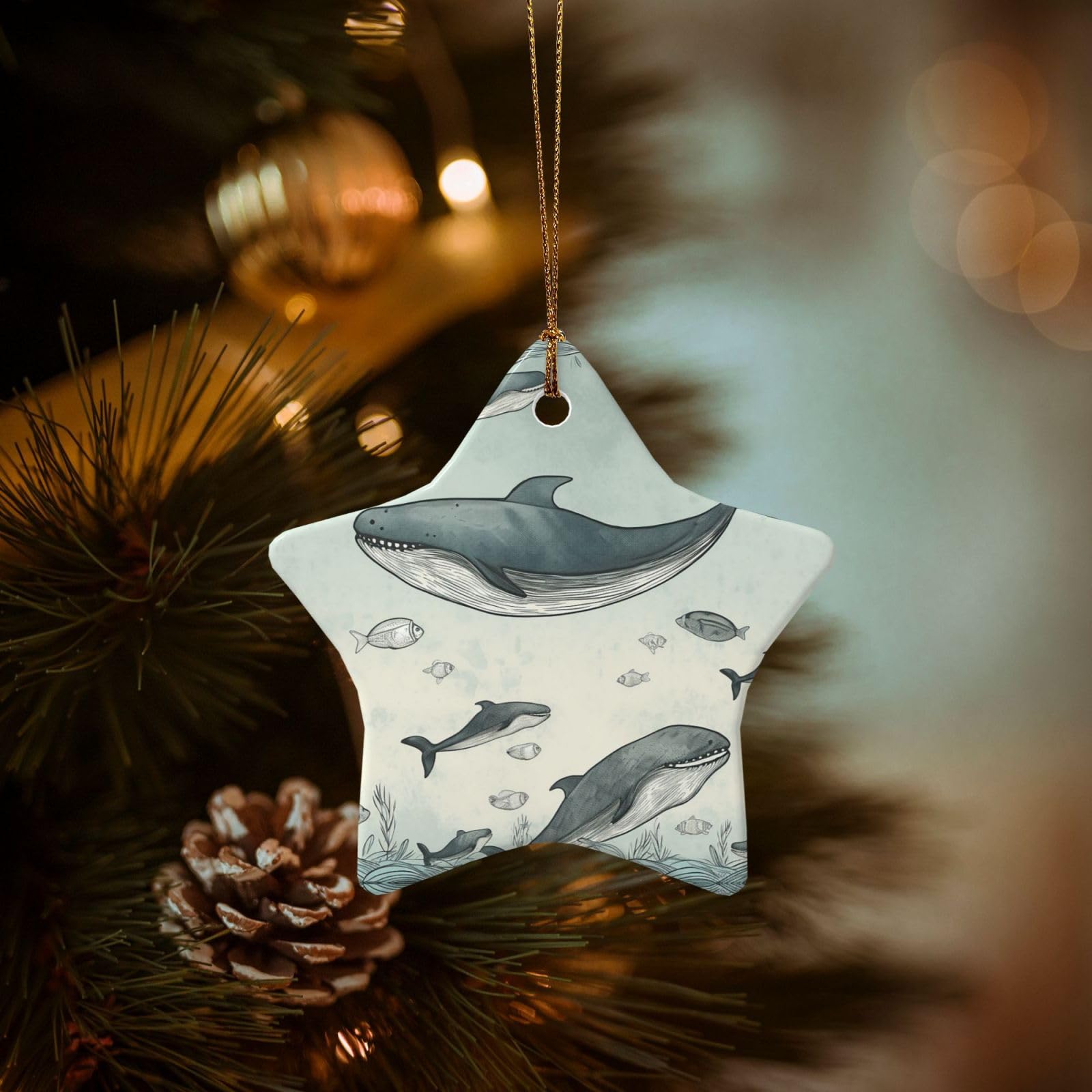 Christmas Ornaments for Christmas Tree Decoration Hanging Baleen Whale Ornament with Gold Ribbon Crafts Star Shape Ceramic Pendant for Keepsake Gifts Xmas Decor Party Supplies