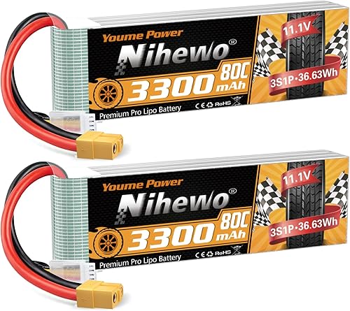 Paquete de 2 baterías Lipo de 11.1 V, 3S Lipo 3300 mAh, 80C XT60, conector compatible con Axial E-flite RC Avión Helicóptero Quadcopter Coche Camión