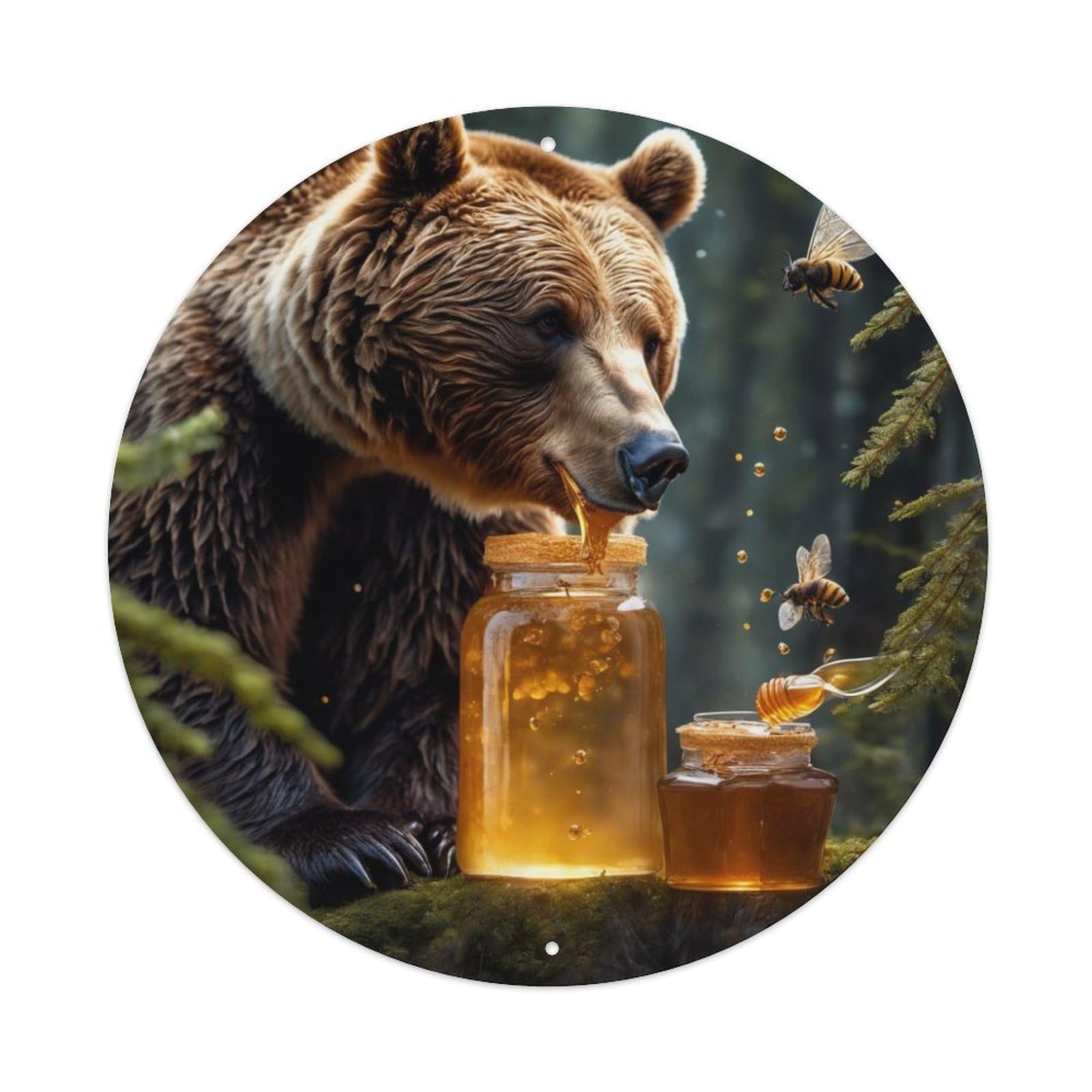 Wildlife Artwork Bear Eating Honey Vintage Metal Tin Sign Plaque Wall Decor for Cafe, Club Bar, Office, Garden Metal Poster 8x8Inch