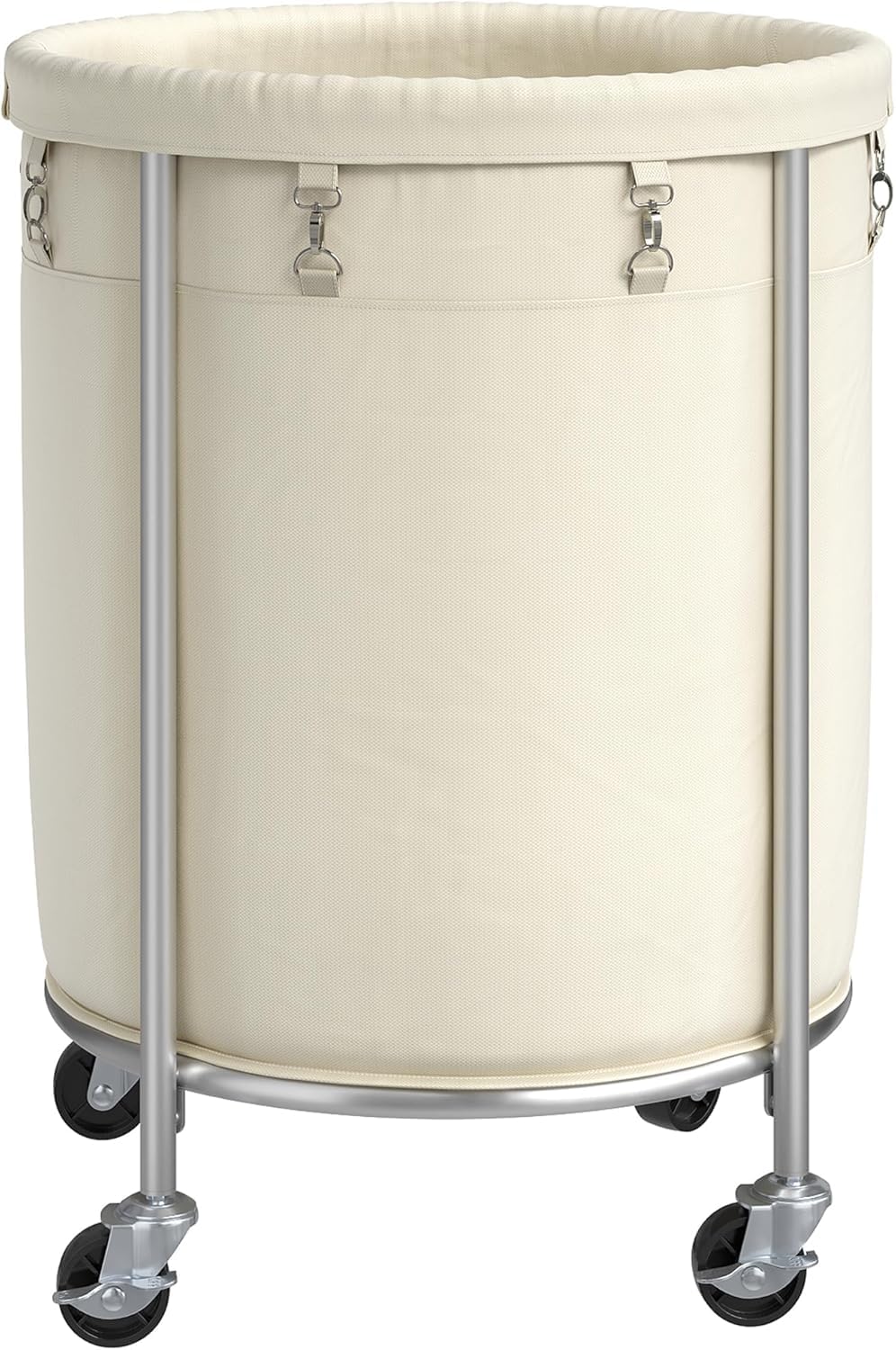 ELYKEN Panier à Linge avec Roulettes, Panier à Linge à Roulettes de 170 L, Chariot à Linge Rond avec Cadre en Acier et sac Amovible 4 Roulettes et 2 Freins, Sale pour Hôtel Maison, Crème