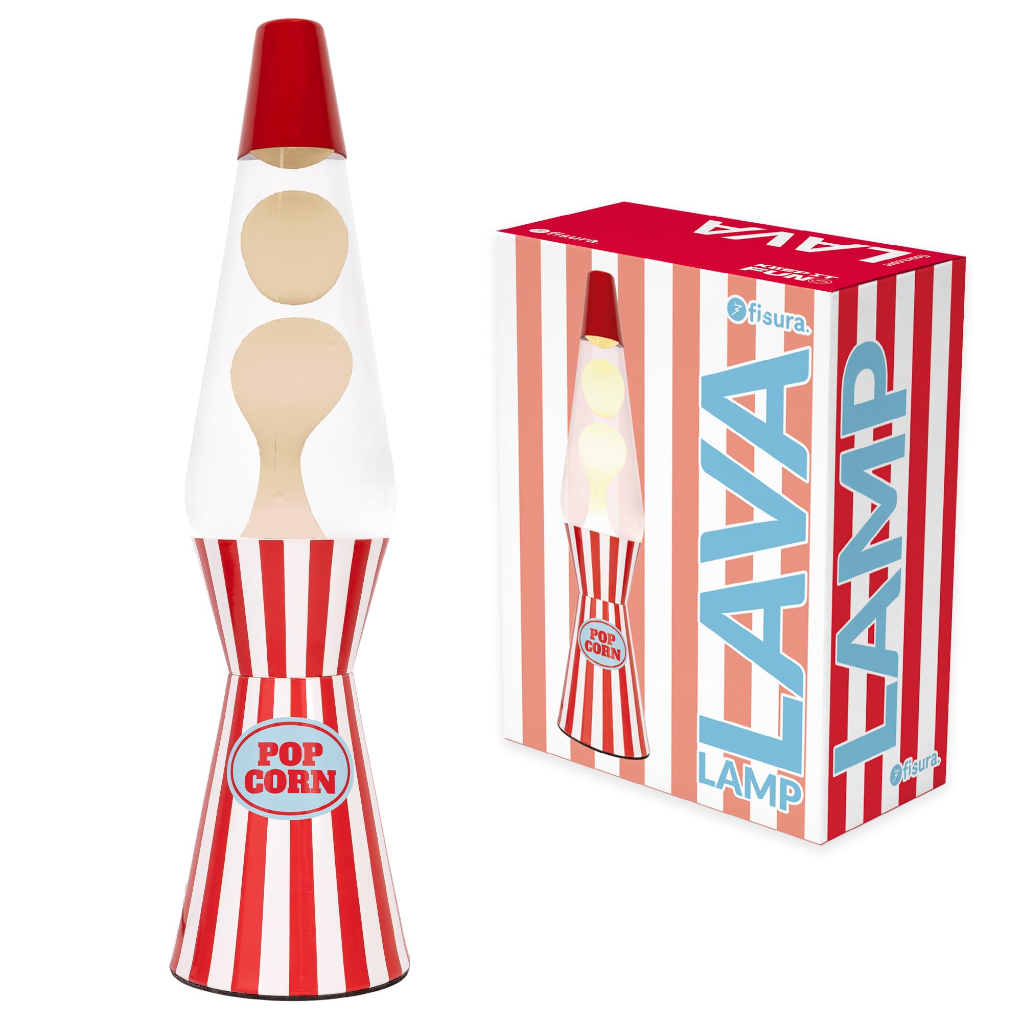 Fisura – Lampe à lave décorative “Pop corn”. Lampe relaxante au design original pour maison ou bureau, base à rayures et lave blanche, ampoule de rechange incluse, 11 x 11 x 40 cm
