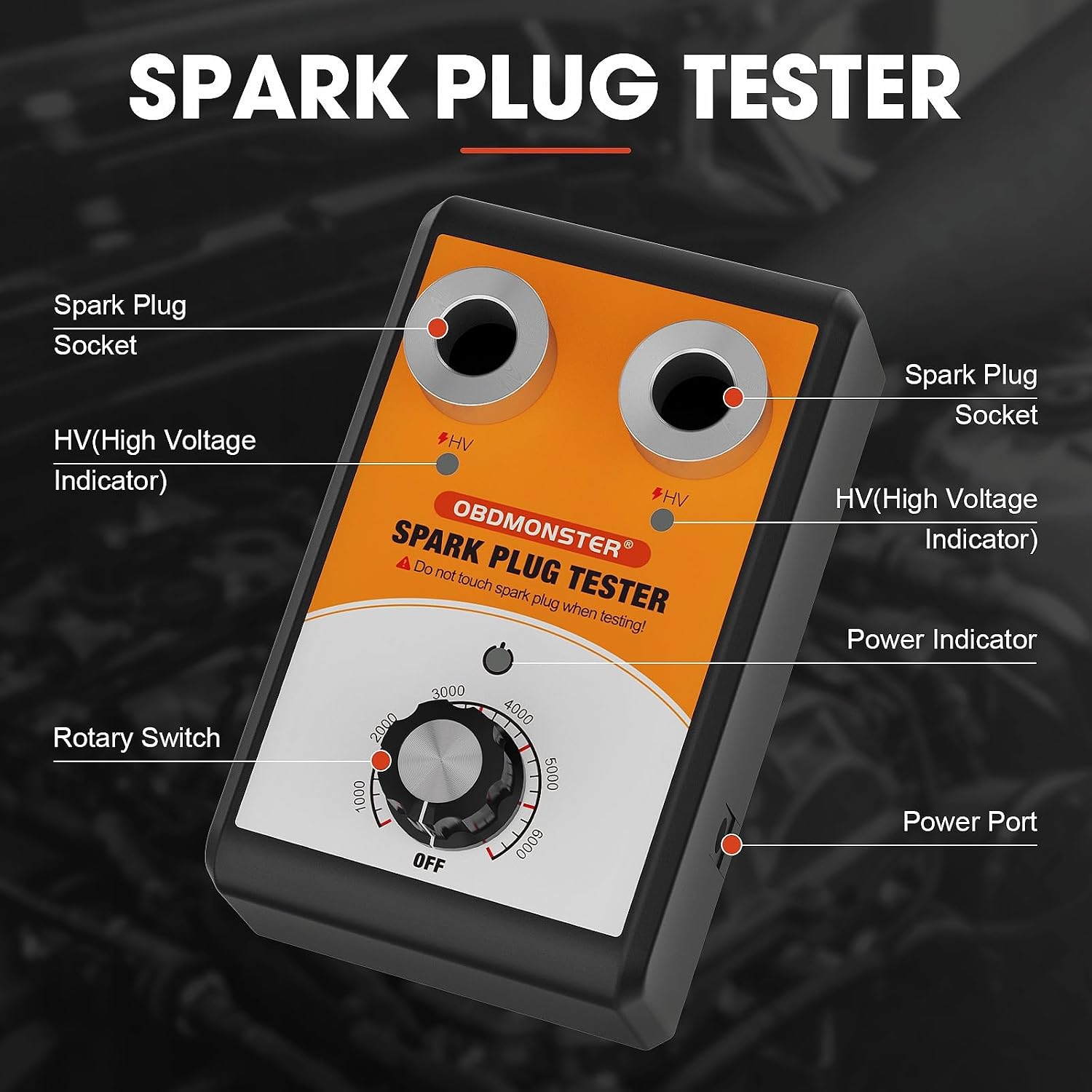 Spark Plug Tester Double Holes, OBDMONSTER Spark Plugs Automotive Engine Ignition Coil Tester 0-6000rpm Operating Frequency, Car Spark Tester Tool for 12V Gasoline Vehicles(Spark Plugs not Included)