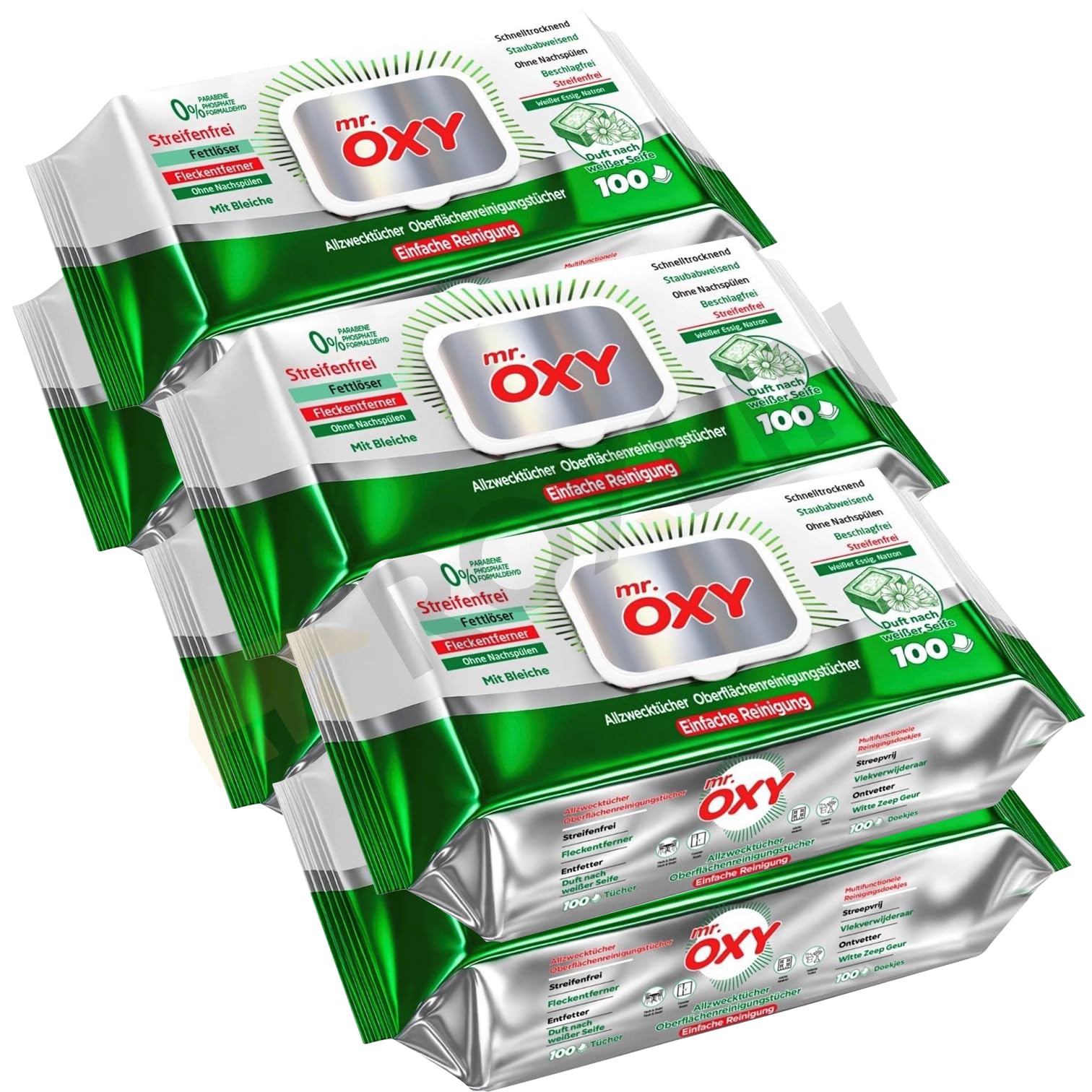 Mr. OXY Maxima Allzweck-Reinigungstücher Streifenfrei, Fettlösend, Schnell Trocknend, Duft nach Weißer Seife – Mit Weißem Essig & Natron – Ohne Nachspülen, Einfache Reinigung (Pack of 6)