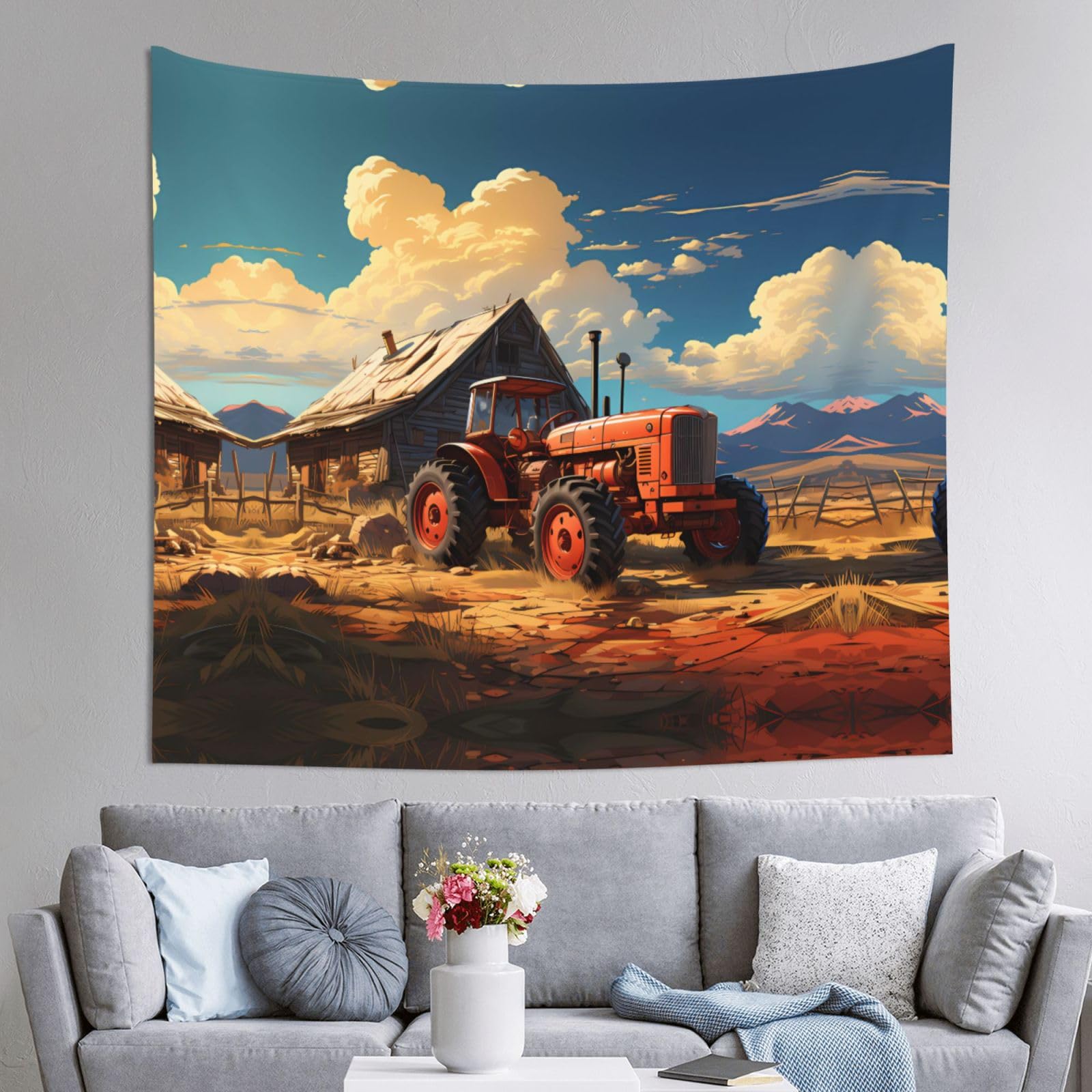 HLSBSSL 60x51in Farm Red Tractor Printed Tapestry Tablecloth for Dormitory and Picnic Rooms - Multifunctional Fabric Hanging