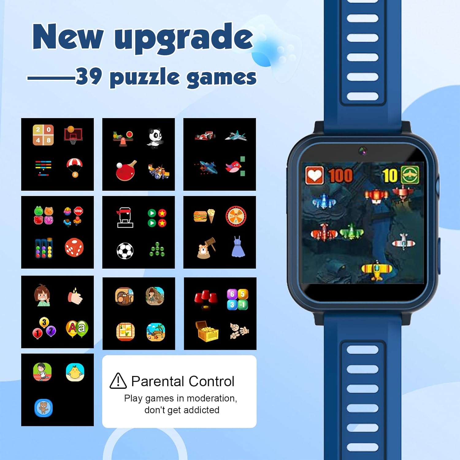 Smart Watch for Kids Game Watch with 39 Educational Games HD Camera, Habit Tracking, Music, Alarm Clock, Calculator, Calendar, Flashlight, Suitable for Children's Toys Aged 3-12 (Blue)