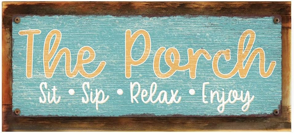 Wood-Framed, The Porch - Sit, Sip, Relax, Enjoy Metal Sign, Framed 4”x12”, Spring, Garden, Flowers, Growing, Retro, Rustic, Home Decor, Hand-Made