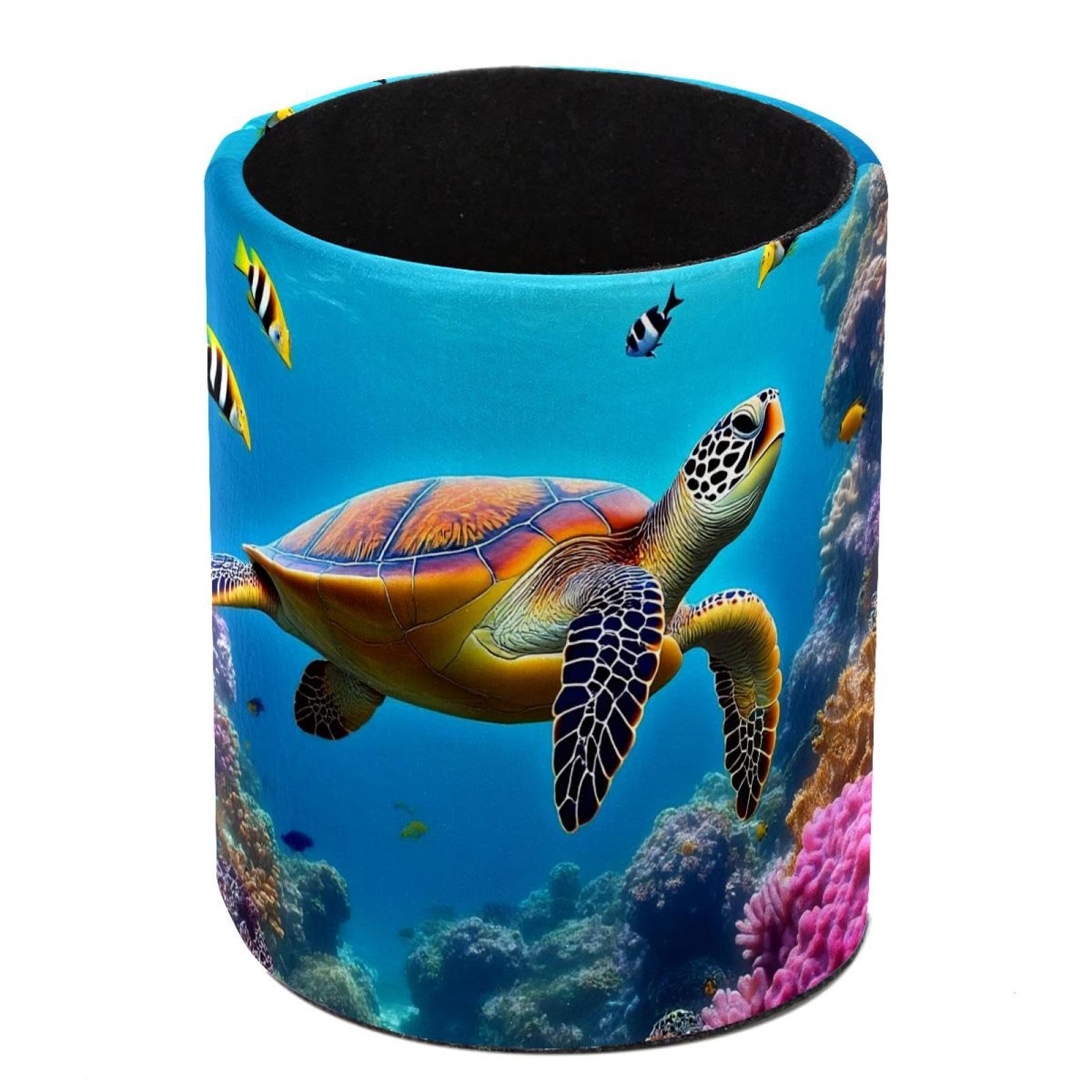 HEOEH Sea Turtle Corals Pen Holder for Desk, PU Leather Pencil Holder Pen Cup Marker Holder Makeup Brush Holders, Desk Accessories & Workspace Organizers for Home, Office