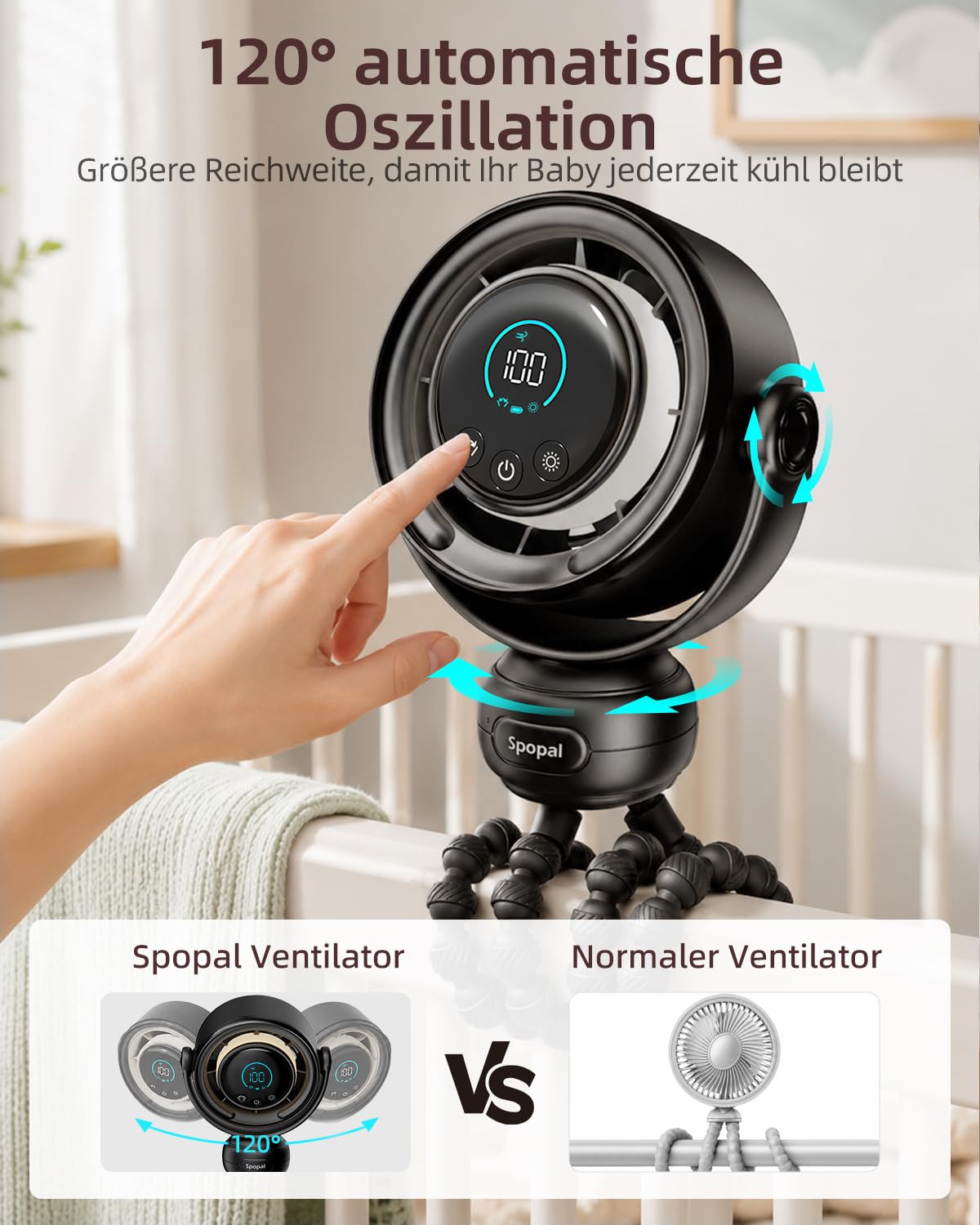 Spopal Ventilator Kinderwagen Tragbar, 100 Geschwindigkeiten, LED-Anzeige, Leise, 3 Nachtlicht, 4000mAh, Akku Ventilator
