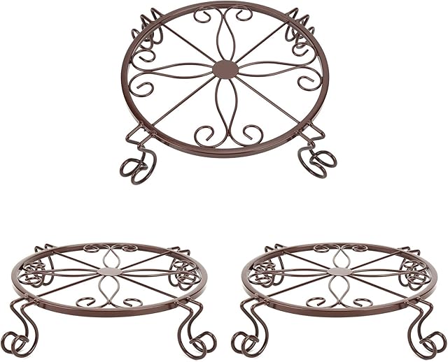 TENRIOS Metal Plant Stands for Flower Pot Heavy Duty Potted Holder Indoor Outdoor Rustproof Iron Garden Container Round Supports Rack for Planter 3 Pack (Bronze)