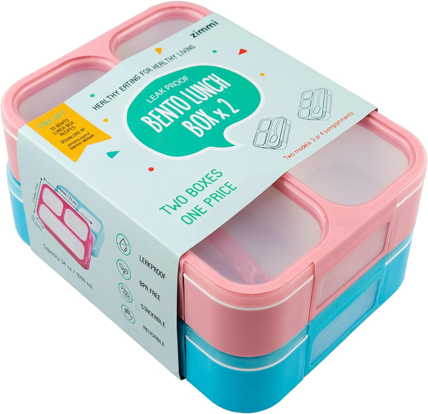 Lunch Box Set of 2 Leakproof Lunch Containers, Pink Blue, 3-4 Insulated Compartments, Lightweight Bento Lunch Boxes for Kids Adults Athletes, Fit for Meal Prep, Snacks, Portion Control | by Zimmi