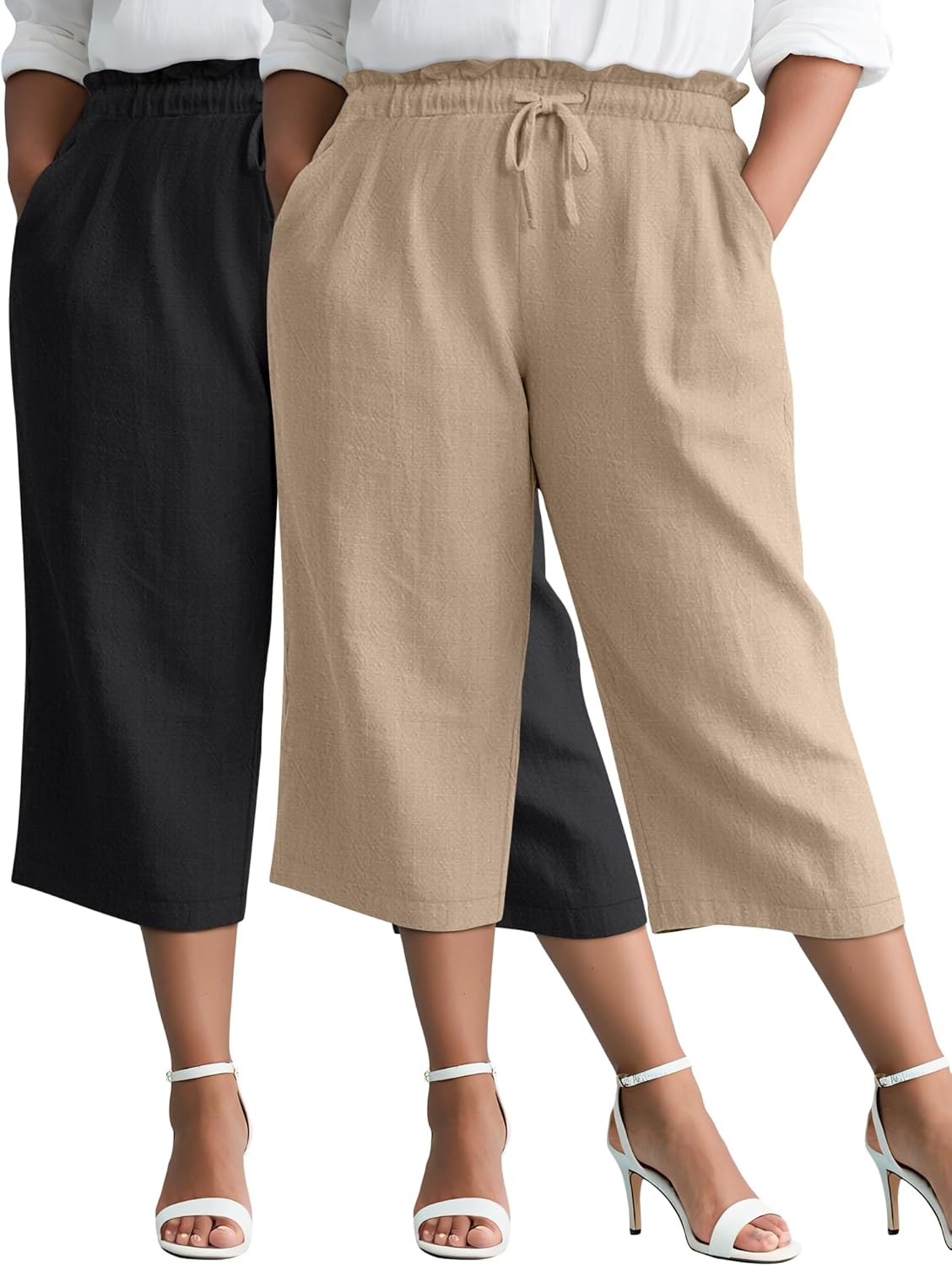 Evervibe 2 Pack Linen Capri Pants for Women L - 5XL Plus Size High Waist Drawstring Pockets Casual Cropped Trousers
