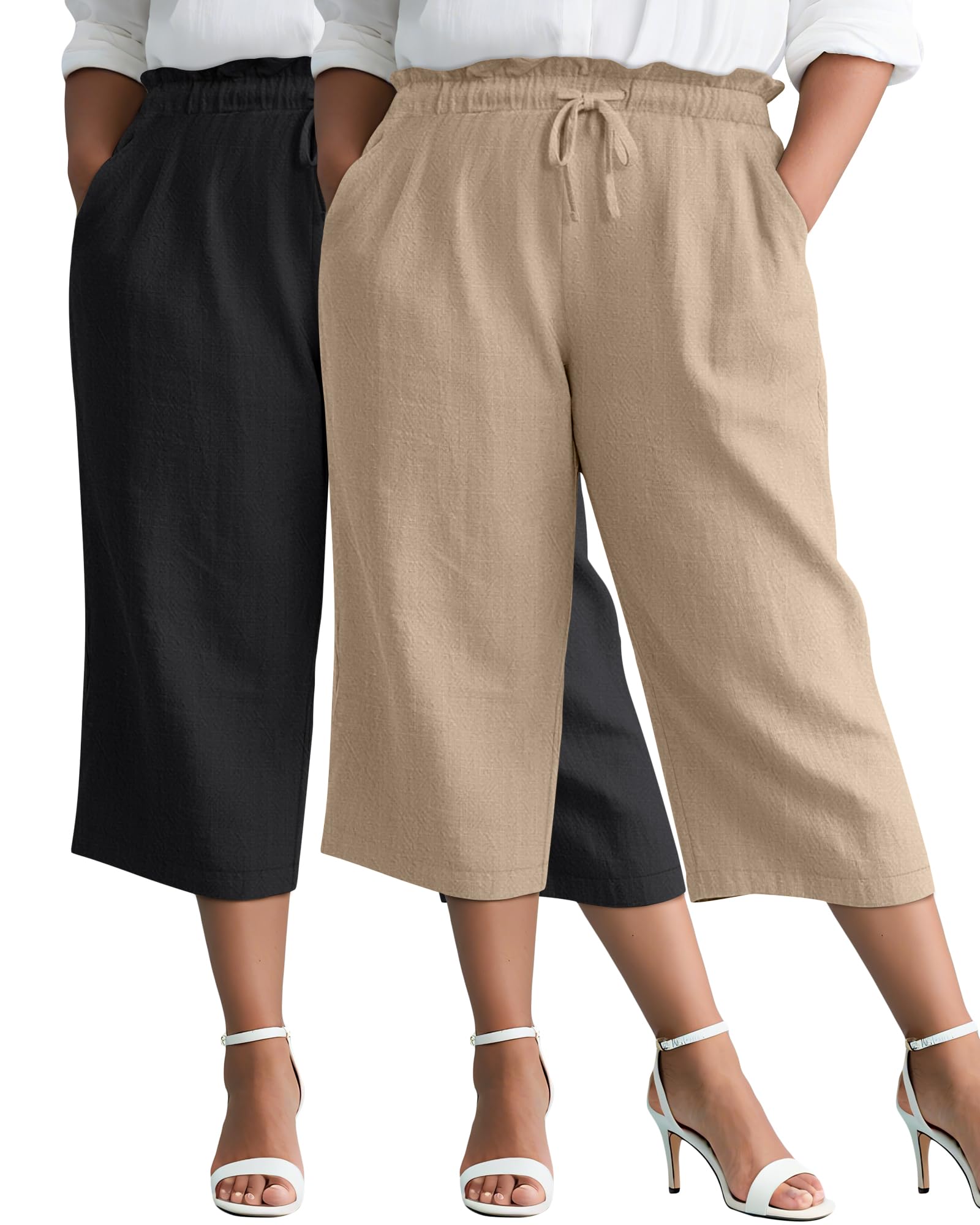2 Pack Linen Capri Pants for Women L - 5XL Plus Size High Waist Drawstring Pockets Casual Cropped