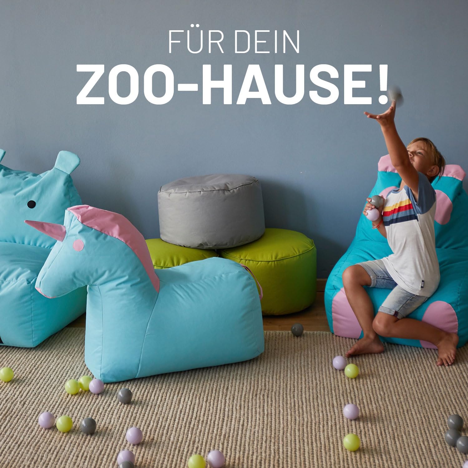 Lumaland Kindersitzsack Einhorn | Sitzsack Tier Familie für Kinder | Wasserabweisender Bean Bag für Indoor & Outdoor | Pflegeleichtes Material | 85 x 70 x 45 cm & 1,9 kg leicht [Pink/Grau]