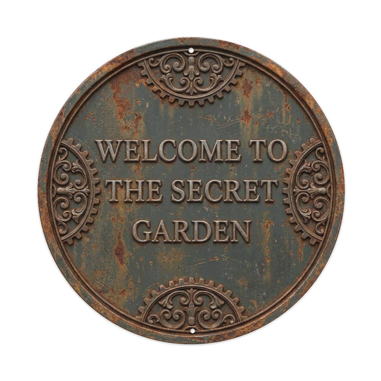Vintage Welcome Secret Garden Iron Grey Geared Metal Tin Sign