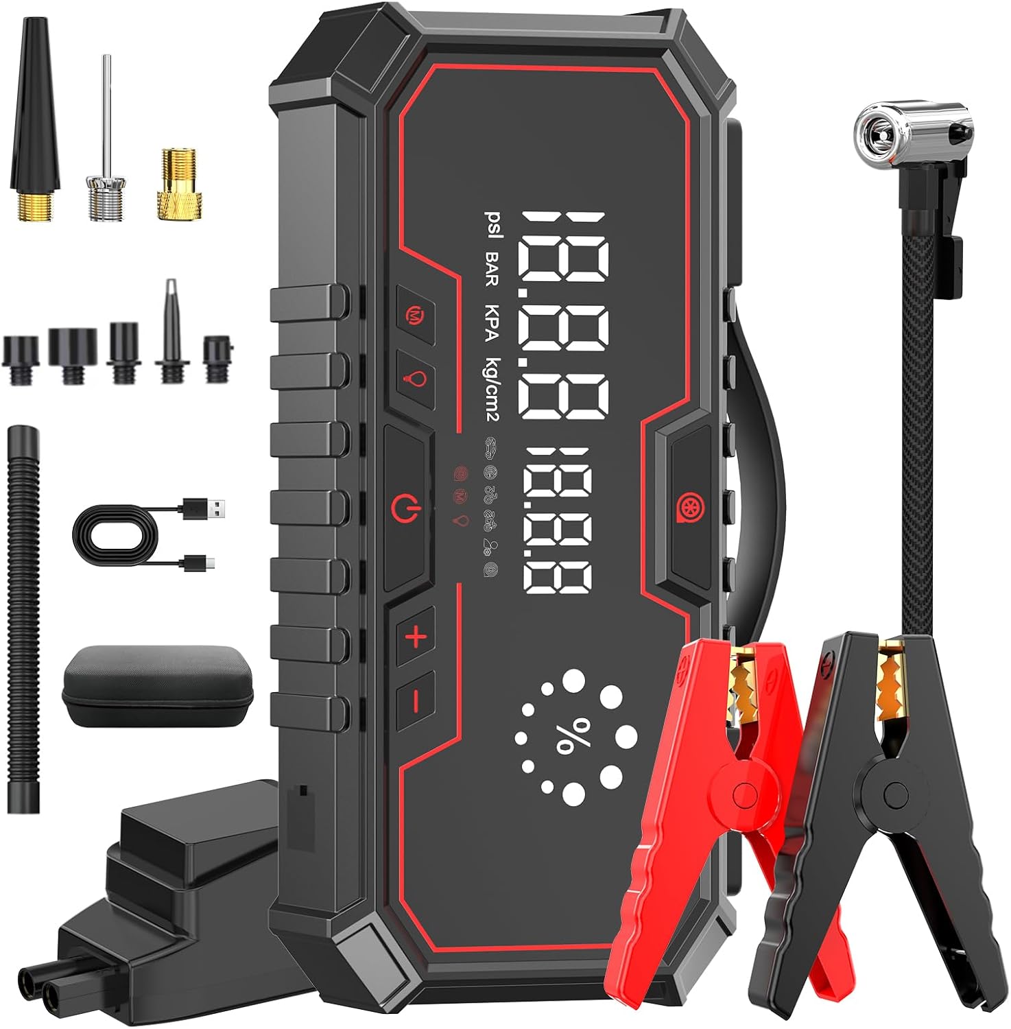 Jump Starter with air Compressor, 5000A Emergency Starter Jump Box (Gas 9L/Diesel 8L), Jumper Cable Jump Starter Portable with air Compressor 160PSI, car Roadside Emergency kit, SOS Light